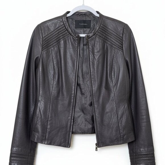 Tahari Dark Brown Genuine Leather Moto Jacket Women’s Medium – Zip Front - Picture 7 of 7
